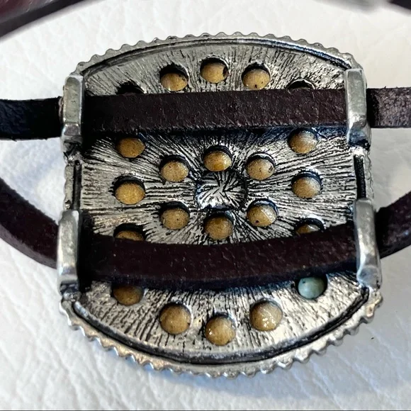 Vintage Leather Bracelet Silver Rhinestone Cross Yellow Crocodile - Picture 3 of 7